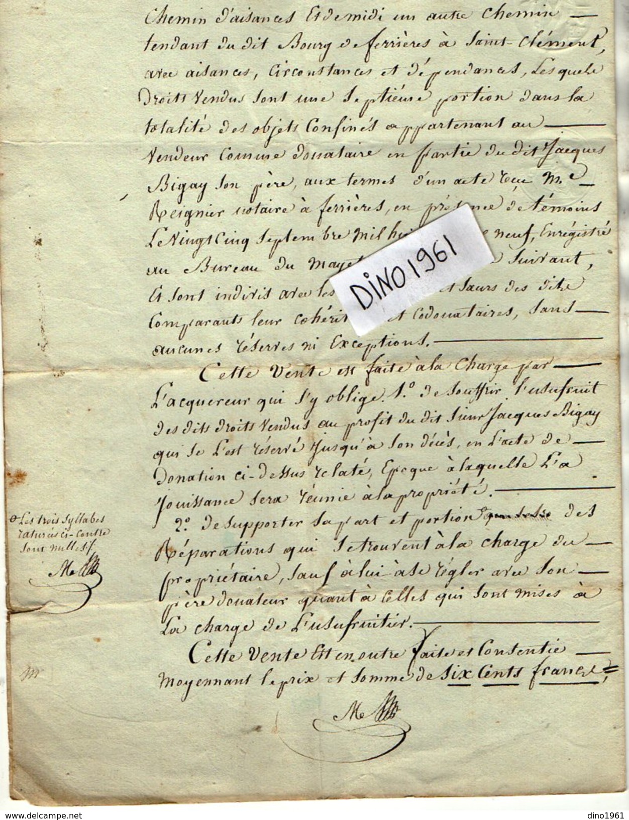 VP9803 - LE MAYET DE MONTAGNE - Acte De 1823 - Entre A. BIGAY & C.BIGAY Vente De Droits Sur Une Maison Situé à FERRIERES - Manuscrits