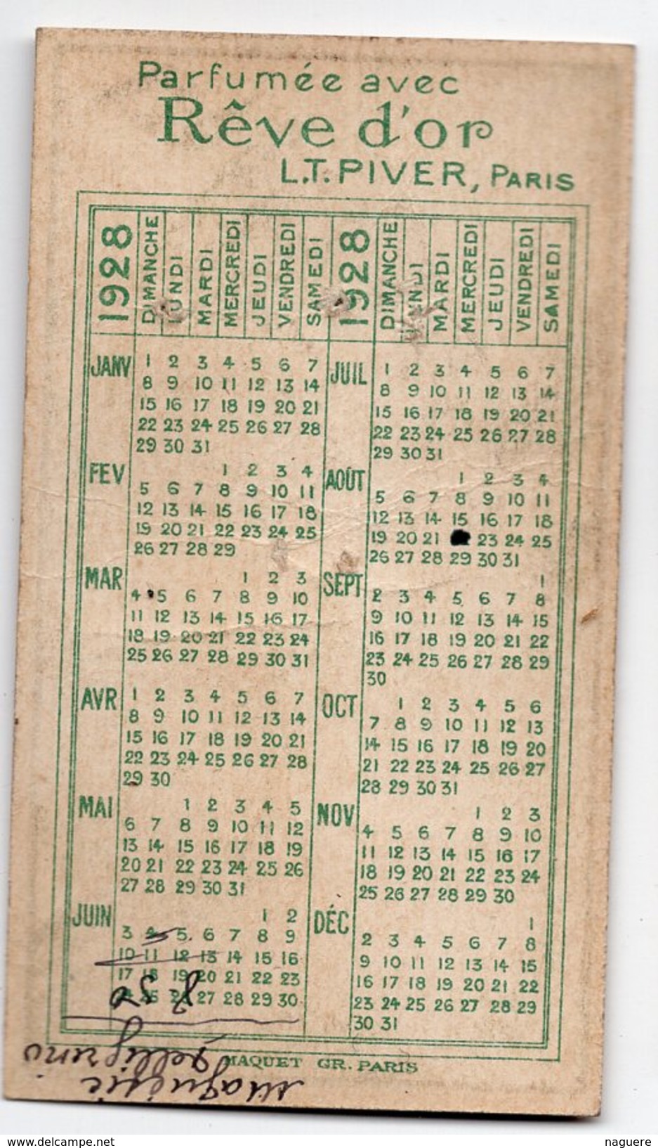 REVE D OR  PIVER PARIS   CARTE PARFUMEE CALENDRIER AU VERSO 1928 - Antiguas (hasta 1960)