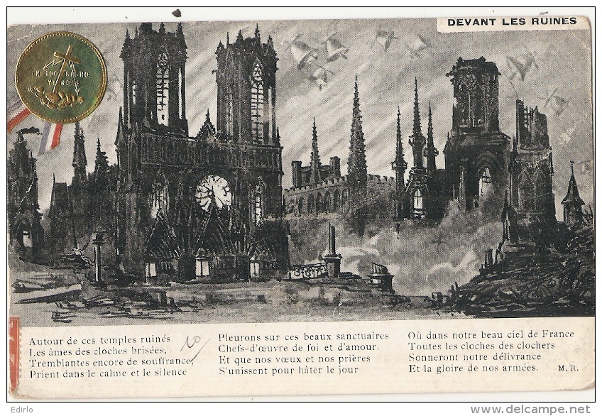 Devant Les Ruines .. A Gauche Petite Médaille Et Ruban Collé Découpis - Guerre 14/18 - Guerra 1914-18