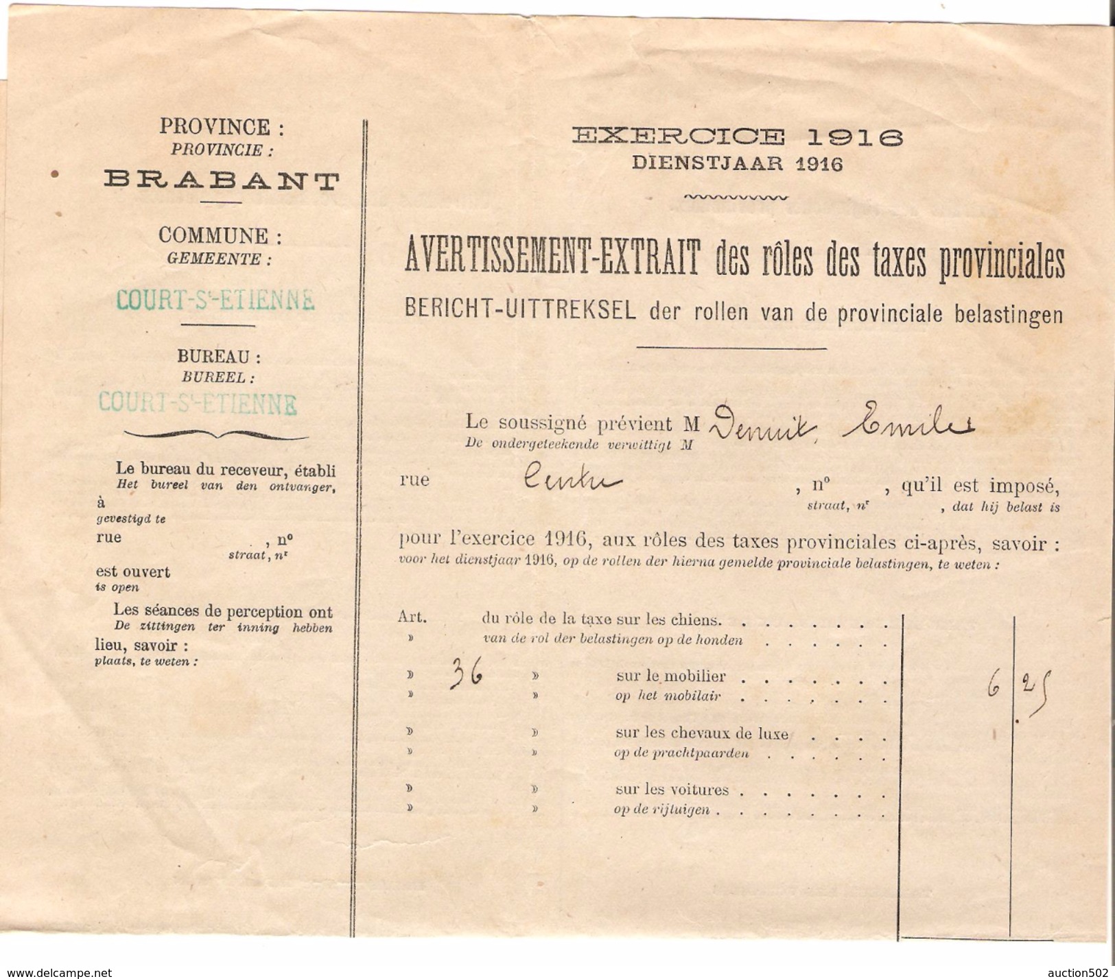 Avertissement Extrait Des Rôlesdes Taxes Provinciales En 1916 Commune Et Bureau De Court-Saint-Etienne PR4459 - 1900 – 1949