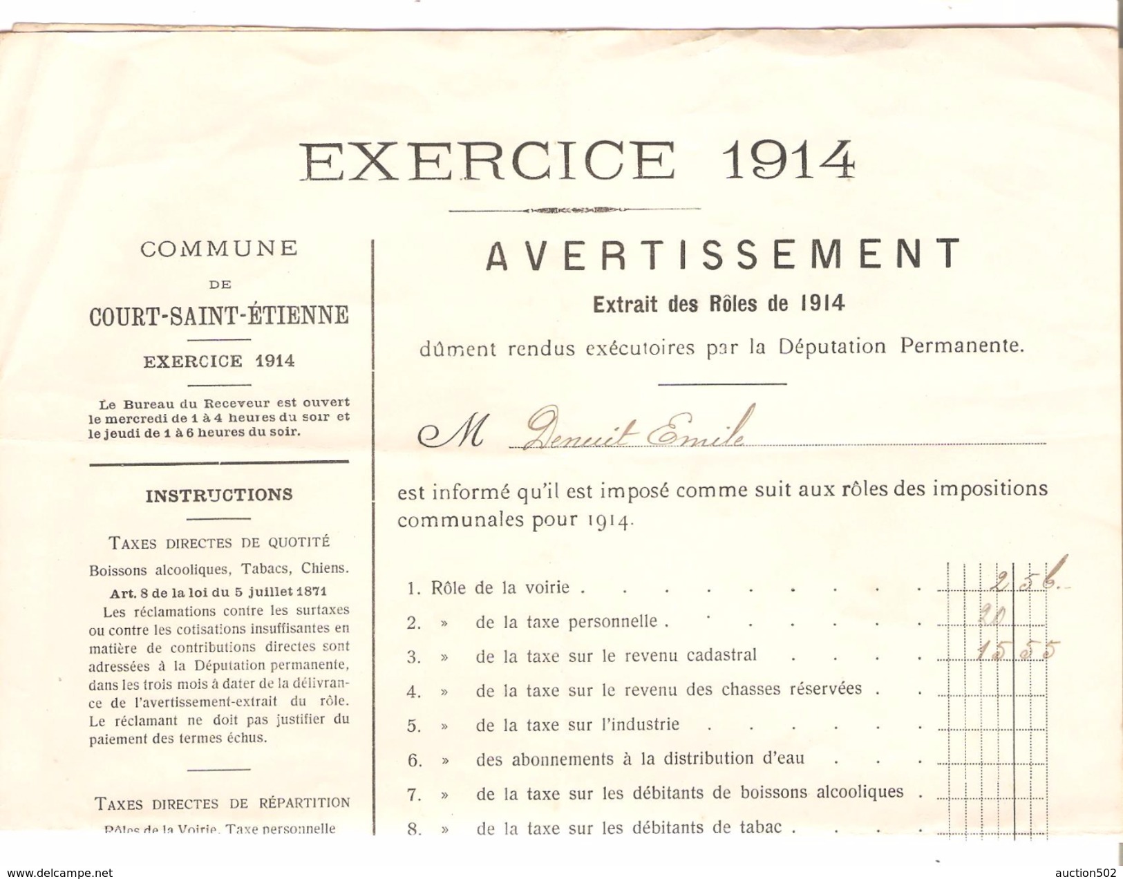 Avertissement Extrait Des Rôles Contributions De 1914 Commune De Court-Saint-Etienne PR4462 - 1900 – 1949