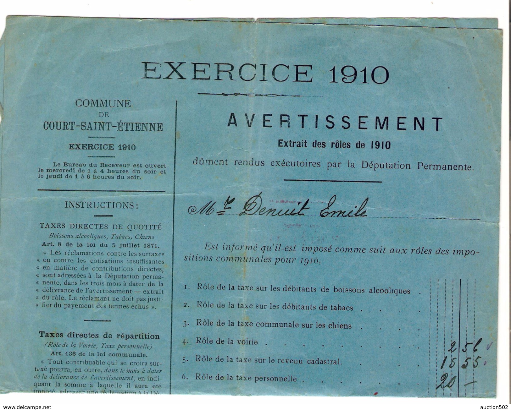 Avertissement Extrait Des Rôles Commune De Court-Saint-Etienne En 1910 PR4463 - 1900 – 1949