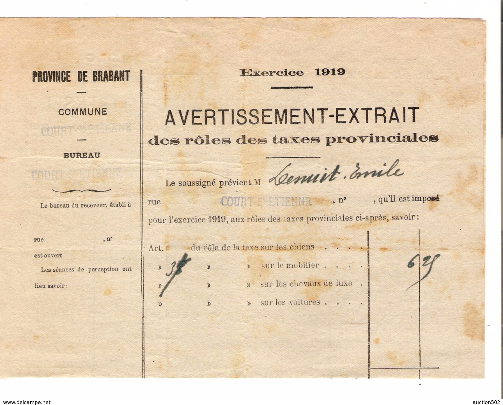 Avertissement Extrait Des Rôles Des Taxes Provinciales Commune De Court-Saint-Etienne En 1919 PR4464 - 1900 – 1949