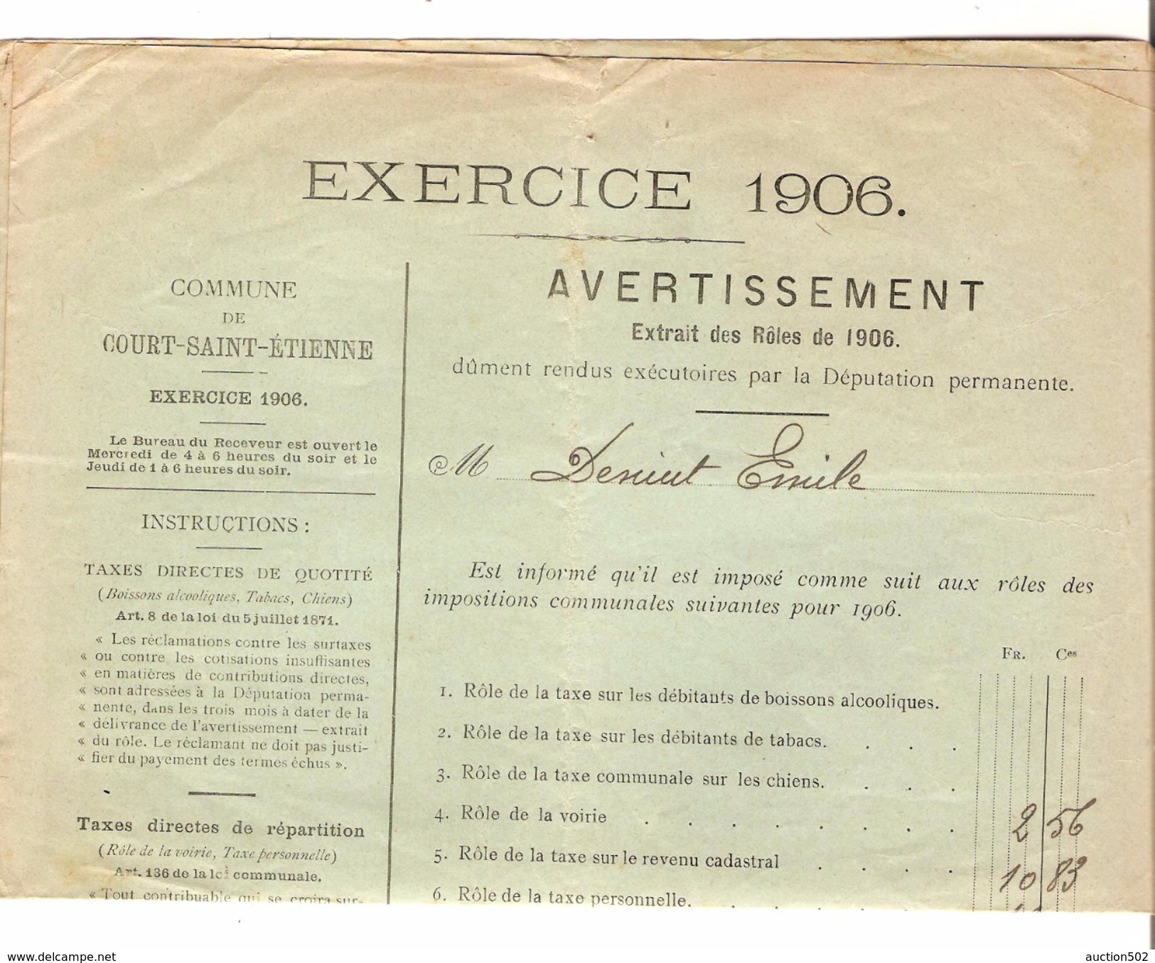 Avertissement Extrait Des Rôles De La Commune De Court-Saint-Etienne En 1906 PR4465 - 1900 – 1949