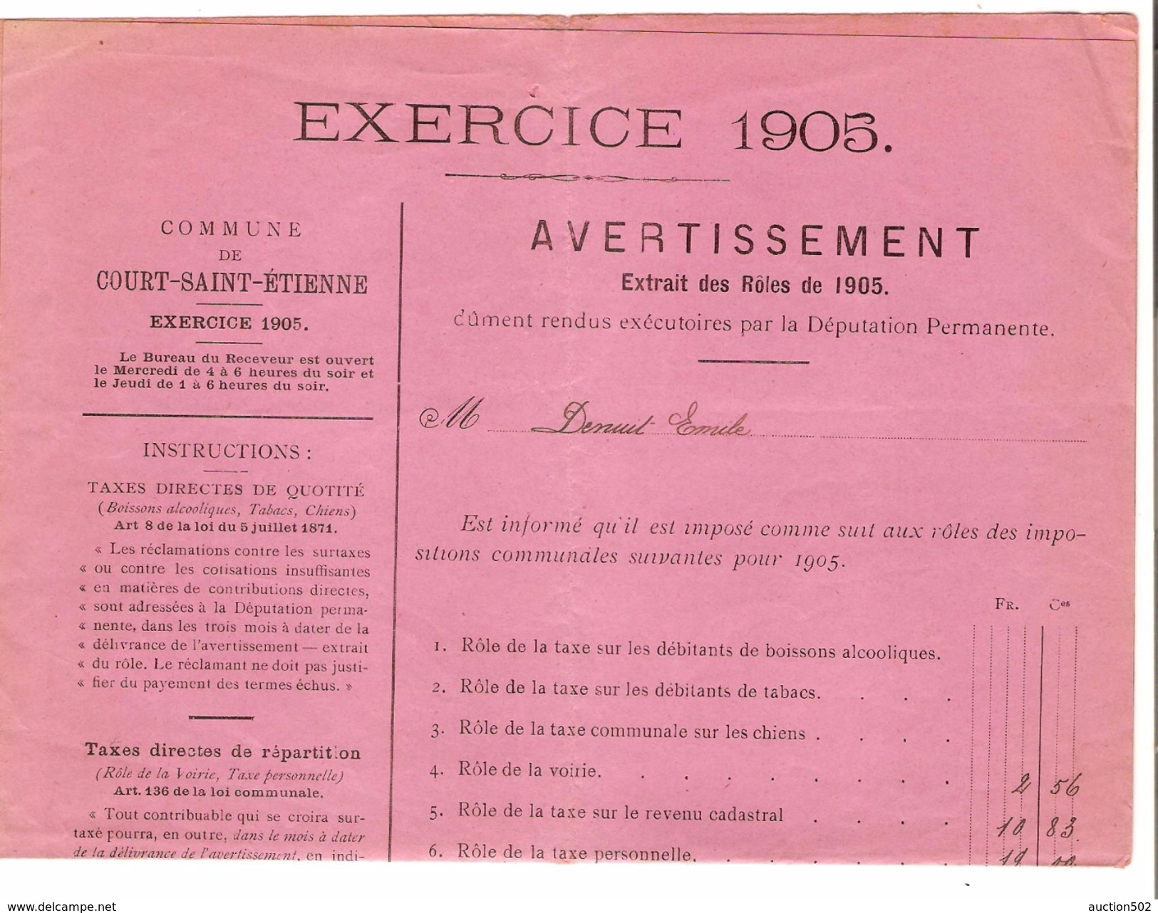 Avertissement Extrait Des Rôlesde La Commune De Court-Saint-Etienne En 1905 PR4454 - 1900 – 1949