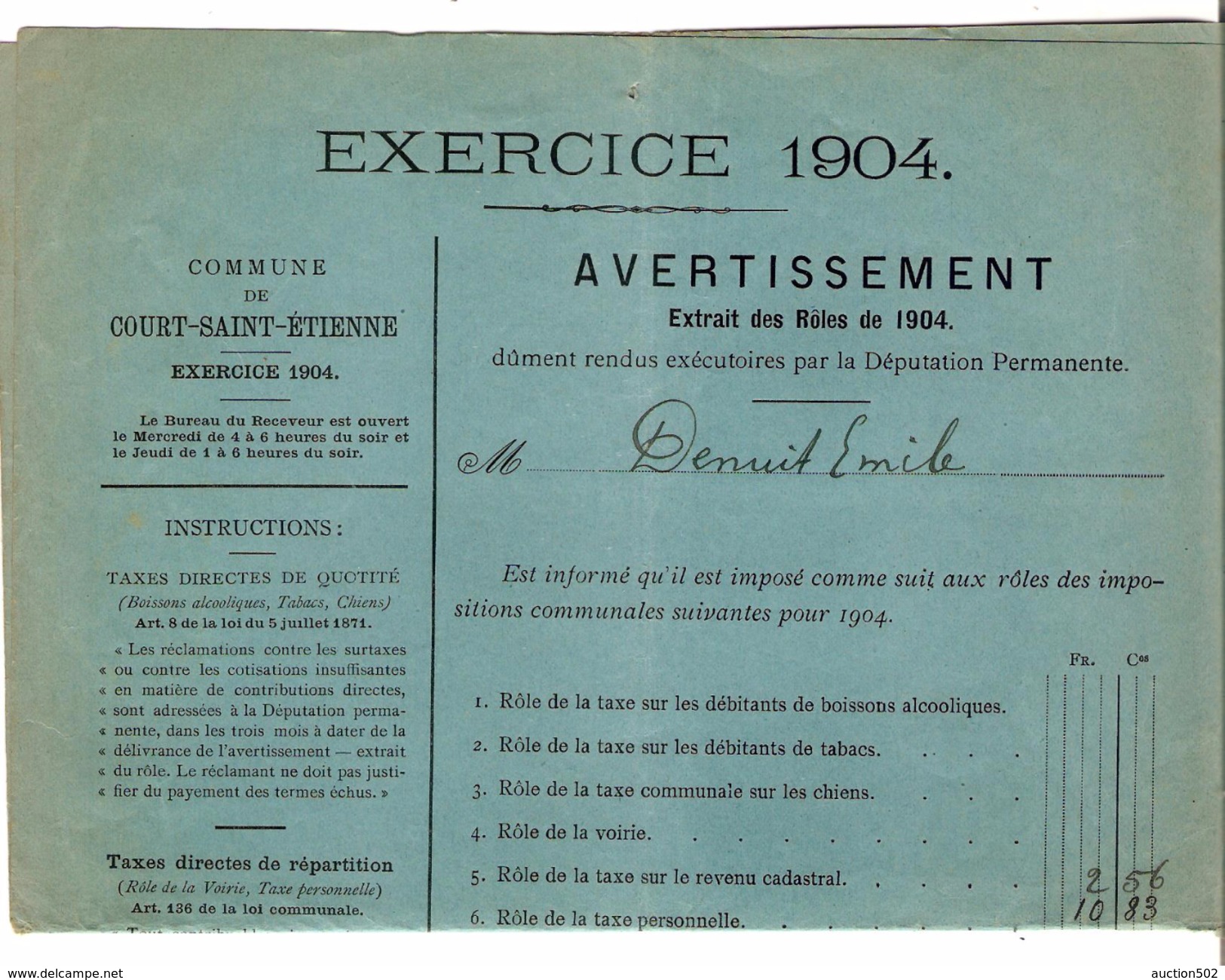 Avertissement Extrait Des Rôles De La Commune De Court-Saint-Etienne En 1904 PR4467 - 1900 – 1949