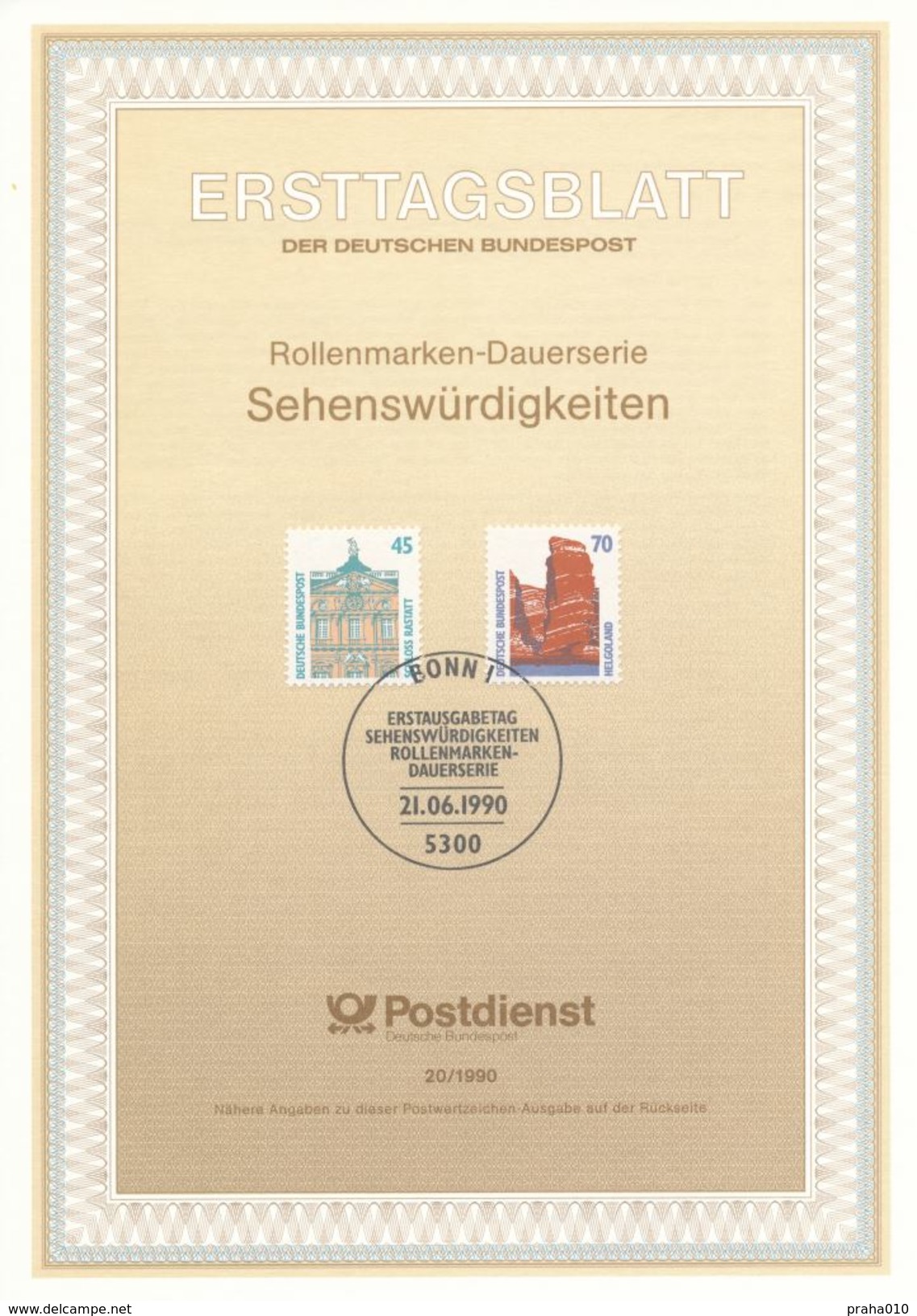 BRD / First Day Sheet (1990/20) 5300 Bonn 1: Tourist Attractions (Castle Rastatt; Island Helgoland) - Inseln