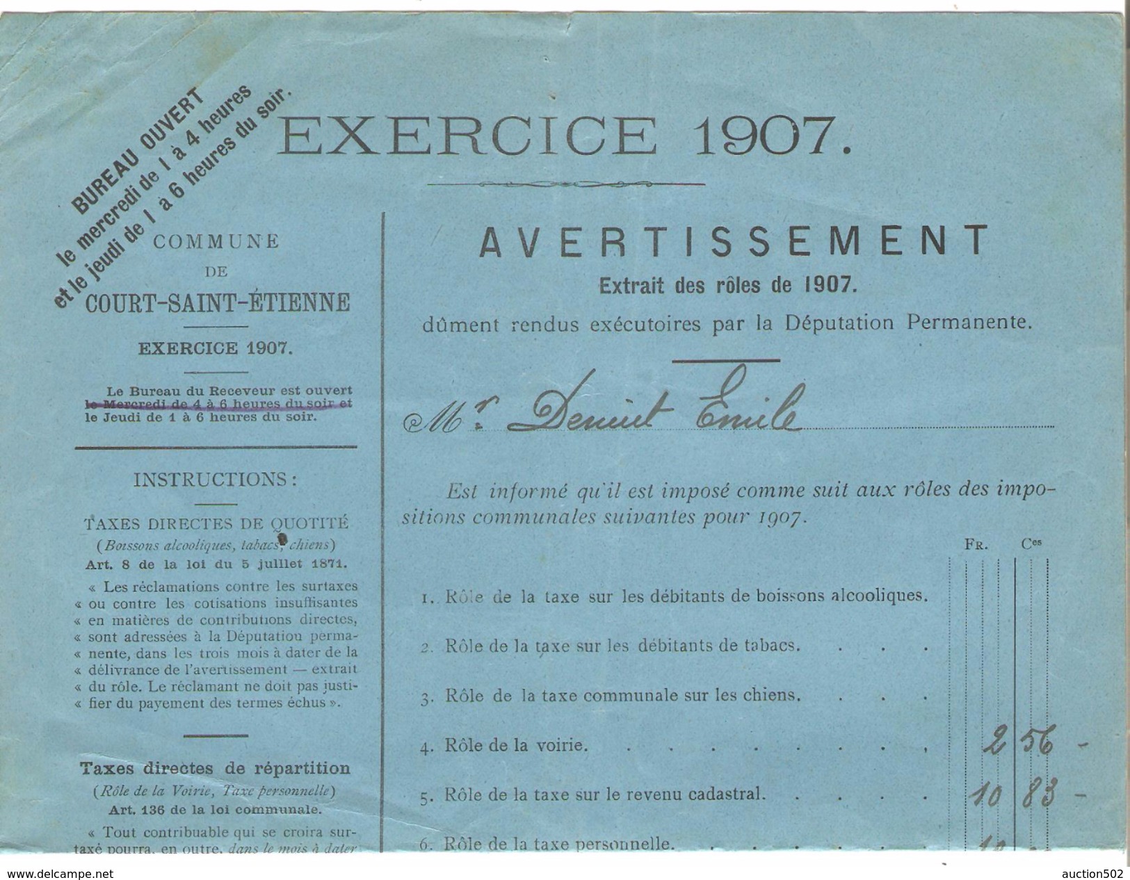 Avertissement Extrait Des Rôles De La Commune De Court-Saint-Etienne En 1907 PR4470 - 1900 – 1949