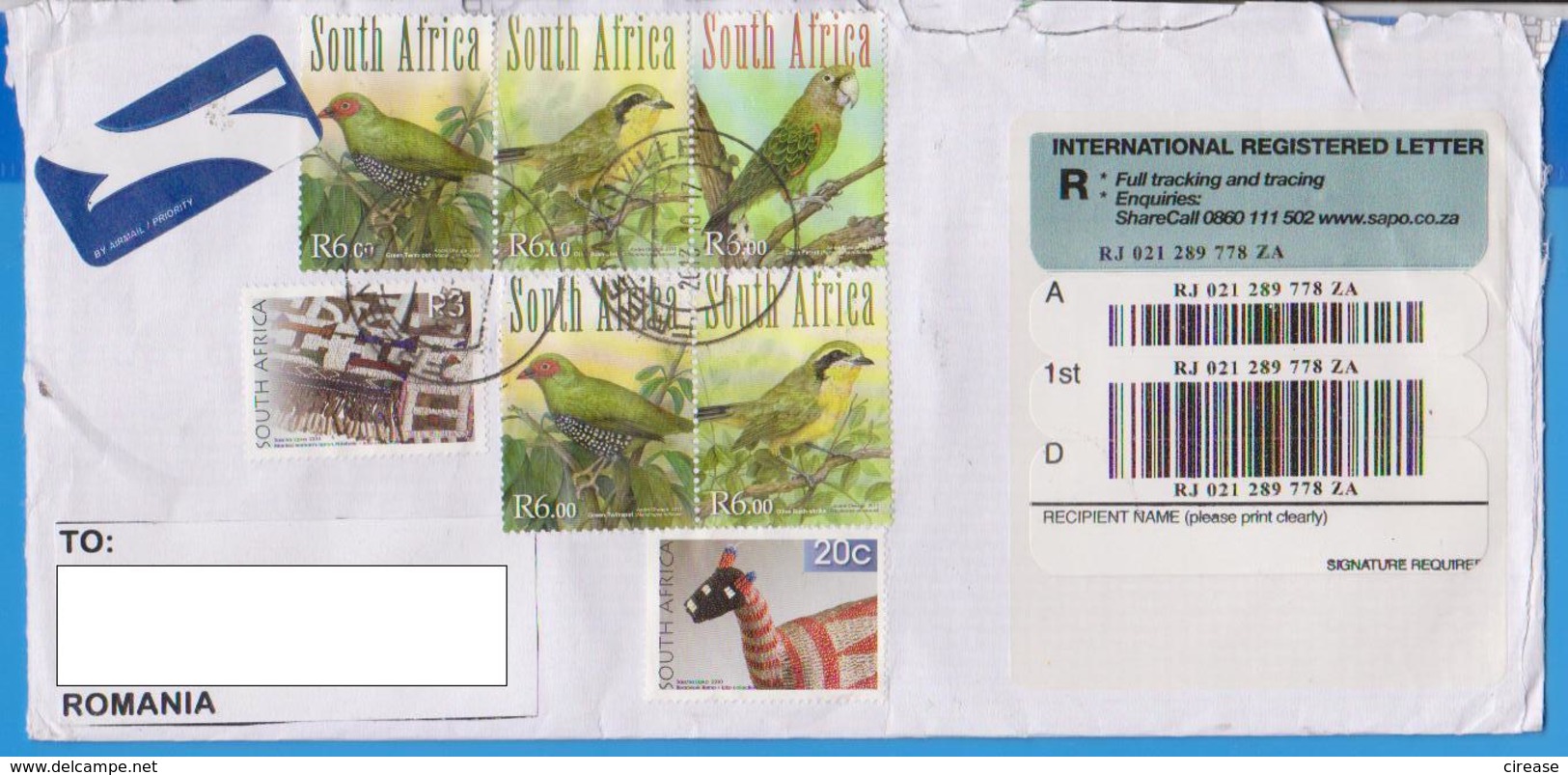 REGISTERED LETTER STAMPS BIRD BIRDS SOUTH AFRICA SENT ROMANIA - Briefe U. Dokumente