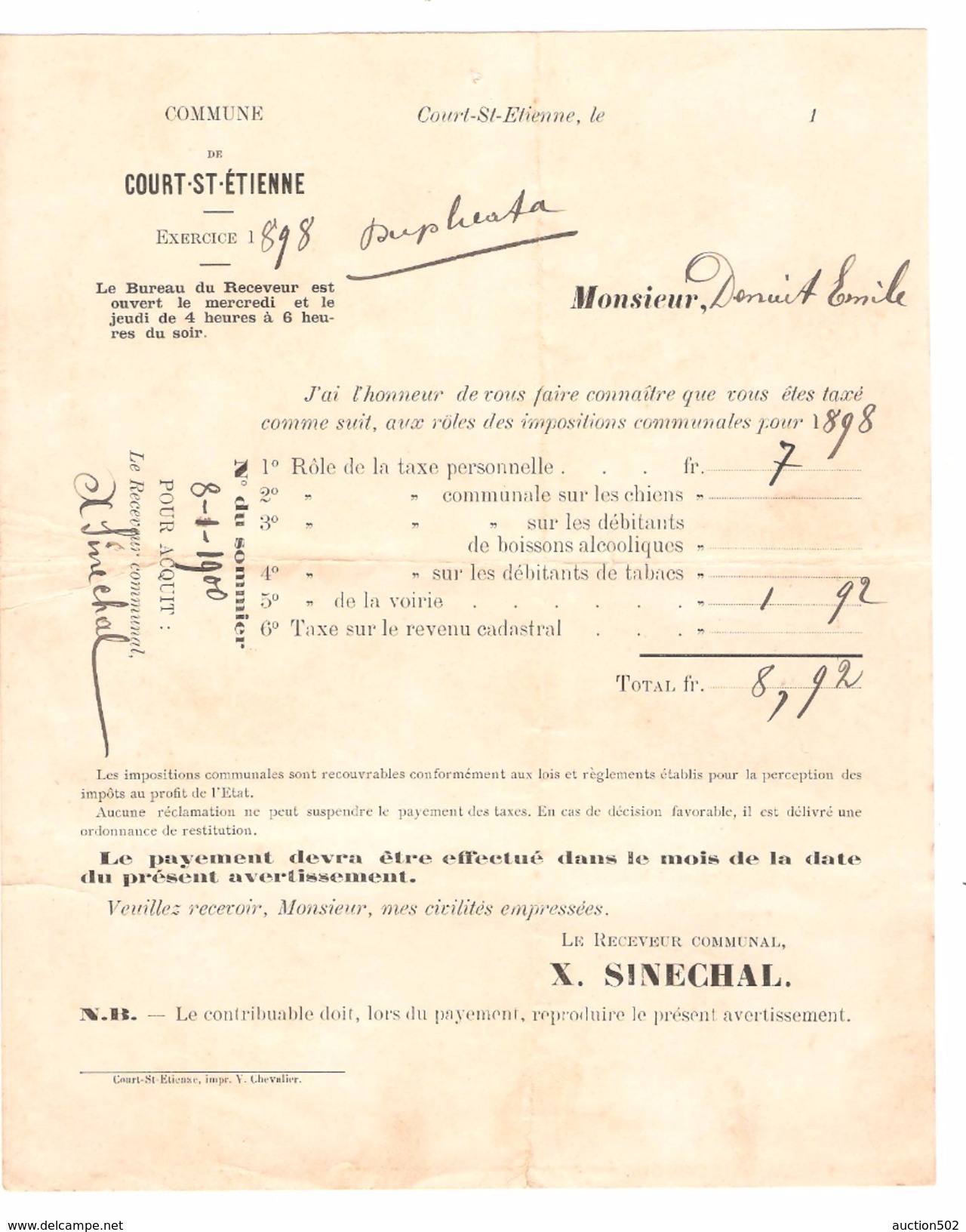 Avertissement Extrait Des Rôles De La Commune De Court-Saint-Etienne En 1898 PR4473 - 1800 – 1899