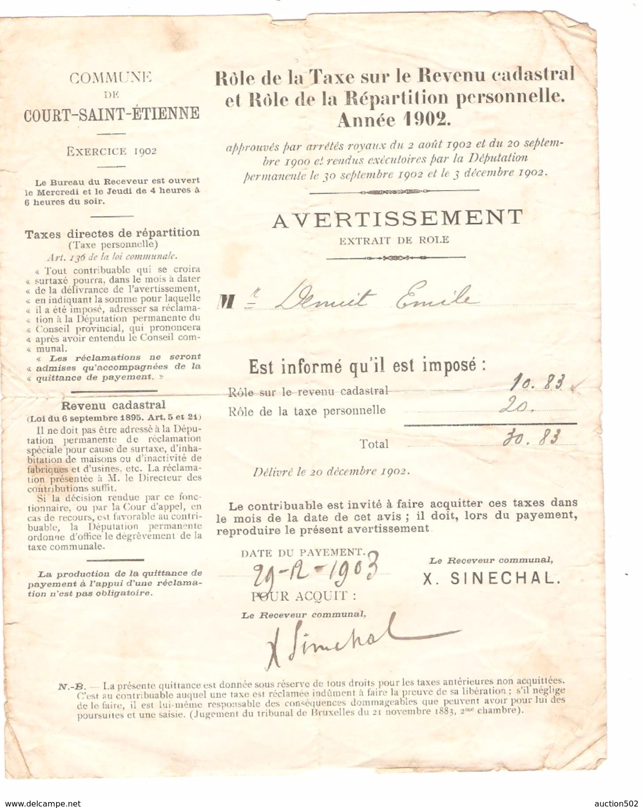 Avertissement Du Rôle De La  Taxesur Le Revenu Cadastral De La Commune De Court-Saint-Etienne En 1903 PR4474 - 1900 – 1949