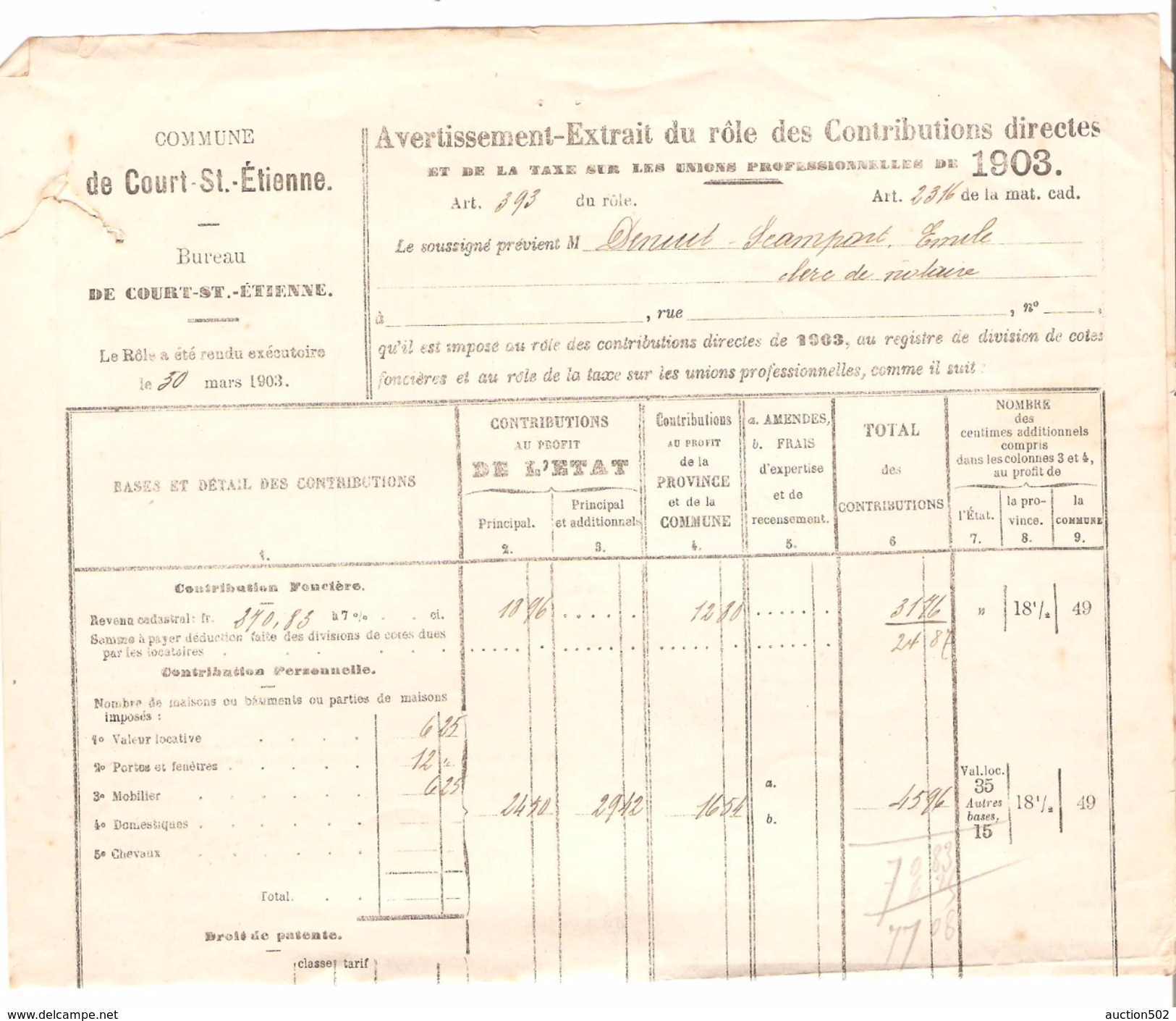 Avertissement Extrait Des Rôles Des Contributions Directes Commune De Court-Saint-Etienne En 1903 PR4477 - 1900 – 1949