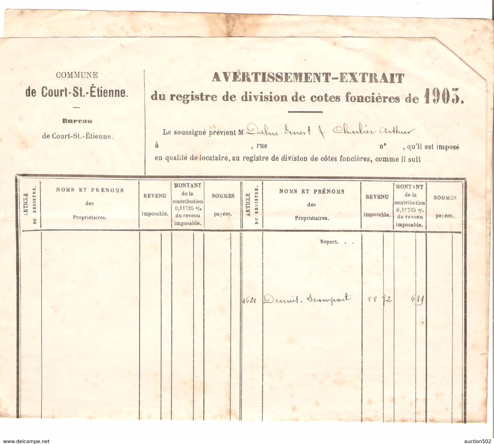 Avertissement Extrait Du Registre De Division De Cotes Foncières De La Commune De Court-Saint-Etienne En 1903 PR4477 - 1900 – 1949