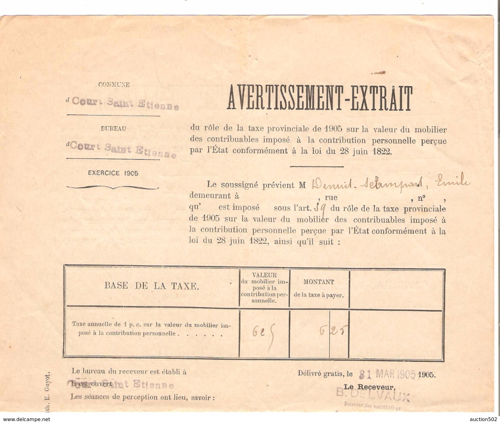 Avertissement Extrait Des Rôles De La Taxe Provinciale Commune De Court-Saint-Etienne En 1905 PR4478 - 1900 – 1949