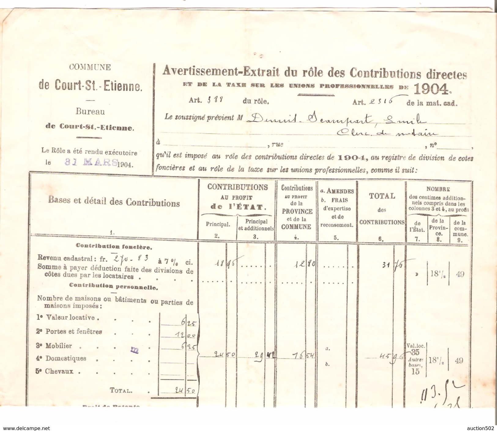 Avertissement Extrait Du Rôle Des Contributions Directes Commune De Court-Saint-Etienne En 1904 PR4480 - 1900 – 1949