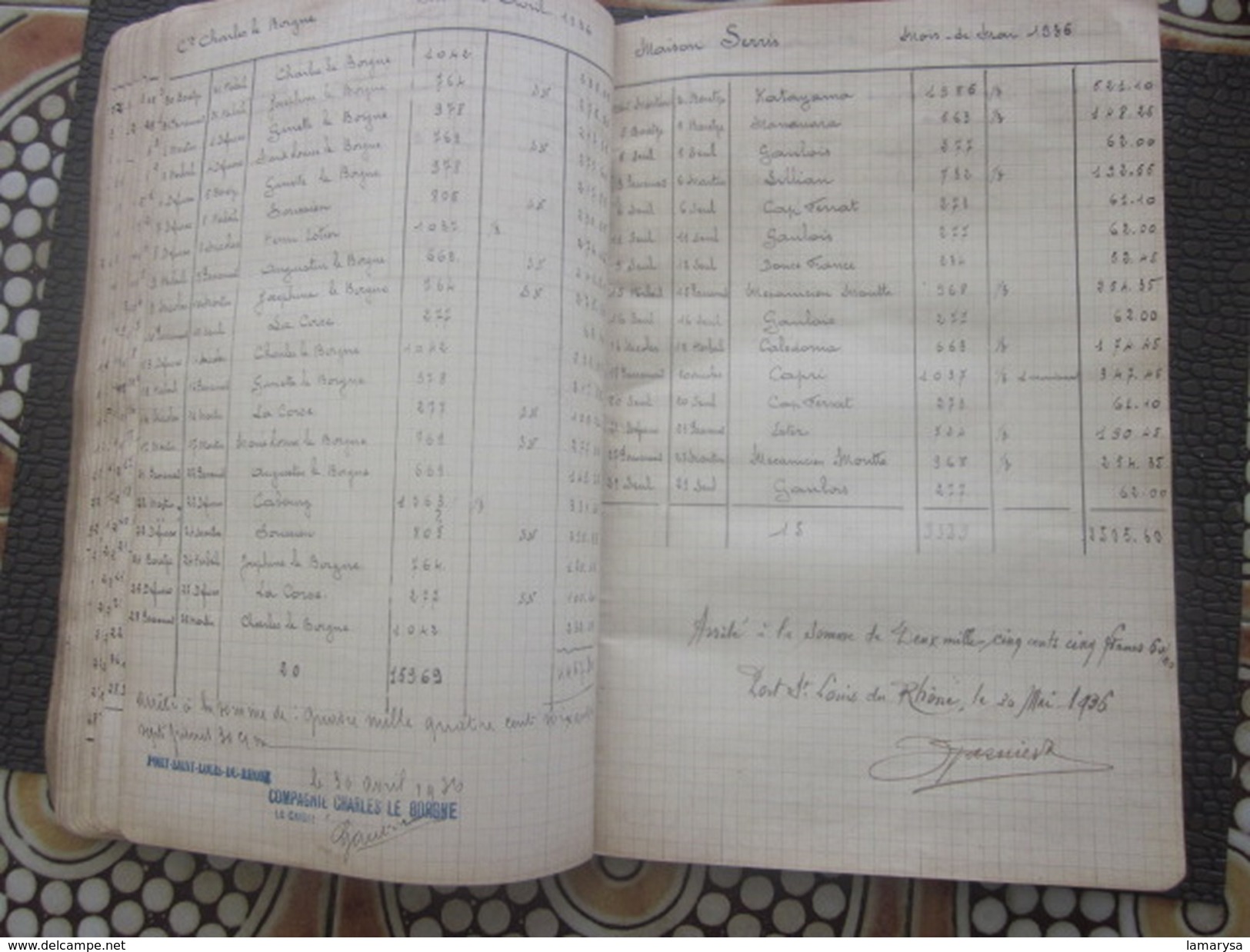 Pilotage Port-Saint-Louis-du-Rhone Relevé Factures 1935-36 Compagnie Maritime Noms Navires Dates-Bill of Lading-Registre