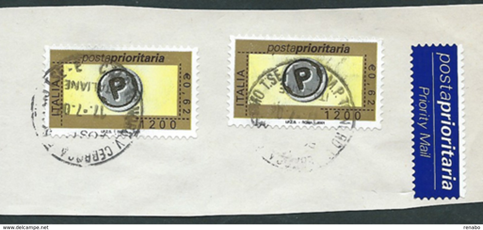 Italia 2001; Posta Prioritaria Lire 1200 = &euro; 0,62 . Due Valori + Etichetta Su Spezzone. - 2001-10: Oblitérés