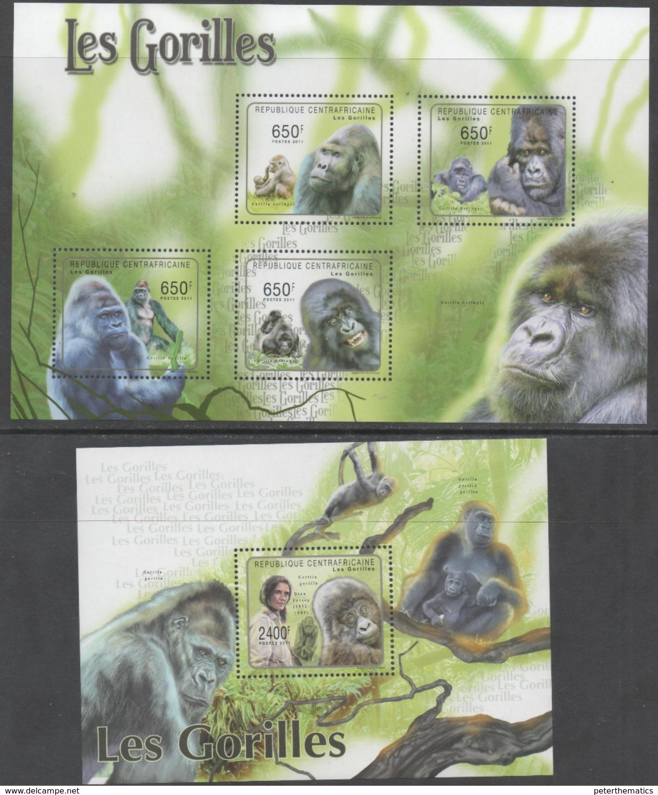 CENTRAL AFRICAN REPUBLIC , 2011, MNH, PRIMATES, GORILLAS,  SHEETLET +S/SHEET - Gorilla's