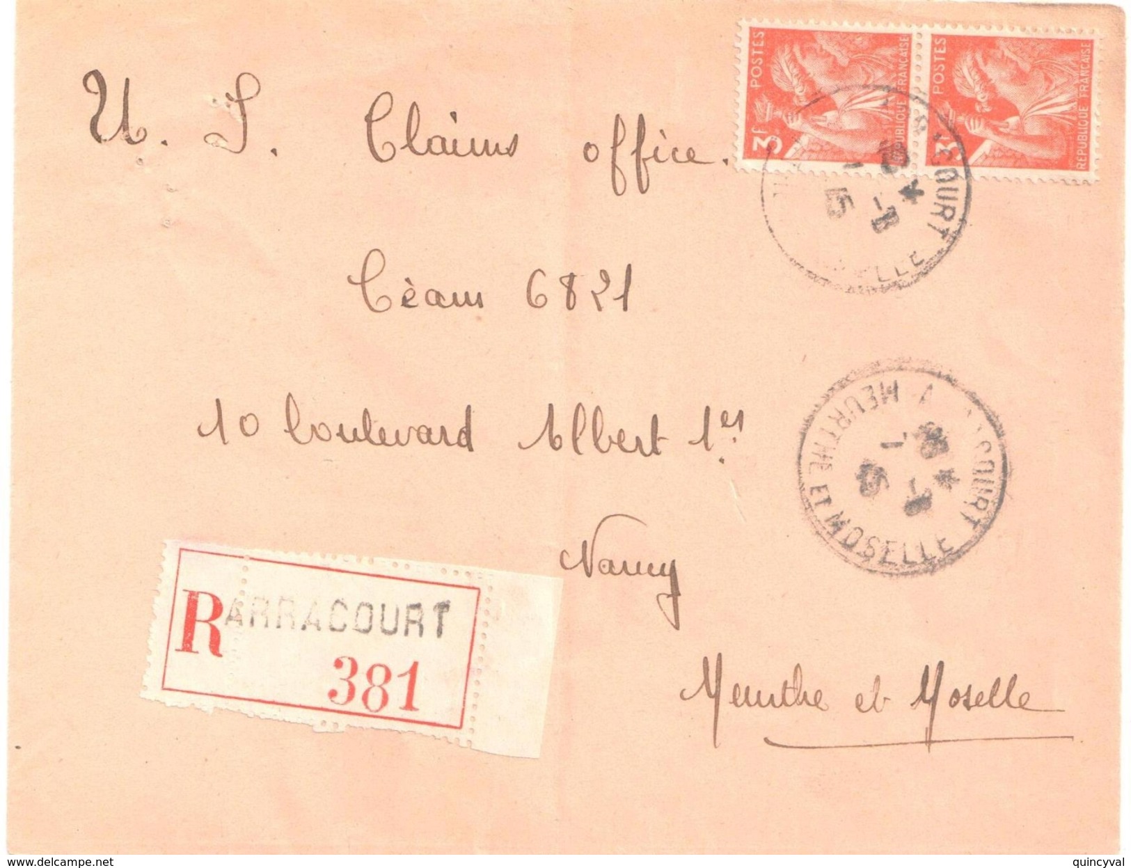 3859 ARRACOURT Meurthe Et Moselle Lettre Recommandée Iris 3 F Orange Yv 655 - Cartas & Documentos