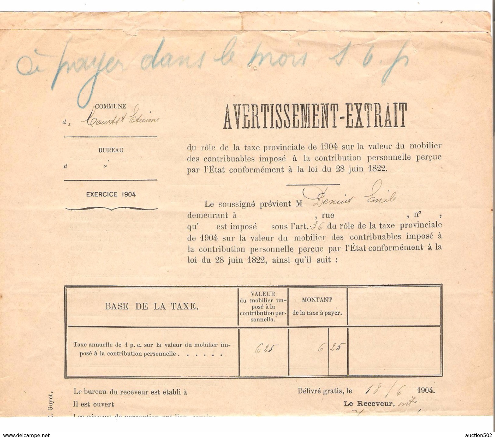Avertissement Extrait Du Rôle De La Taxe Provinciale Commune De Court-Saint-Etienne En 1904 PR4481 - 1900 – 1949