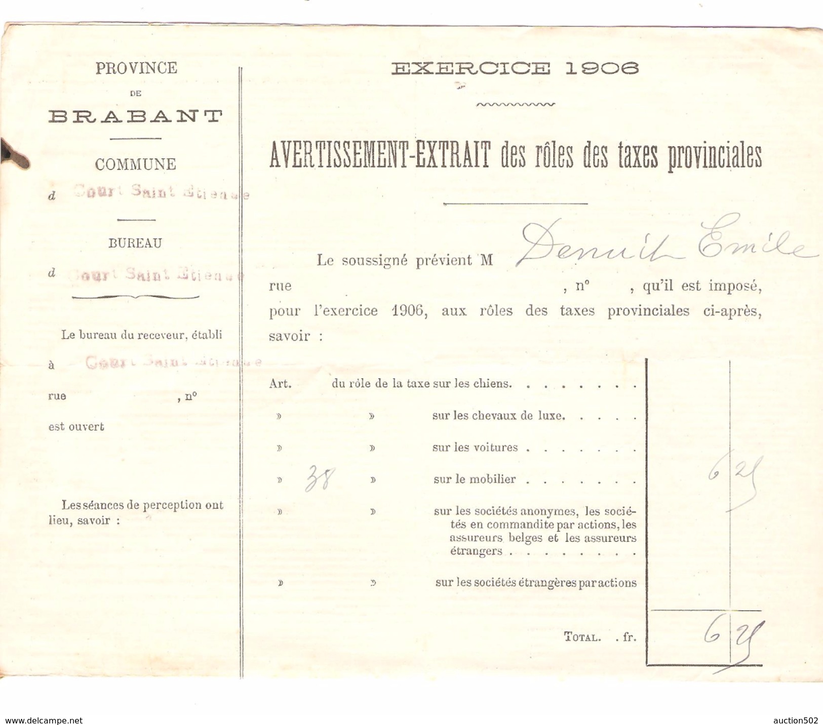 Avertissement Extrait Des Rôles Des Taxes Provinciales Commune De Court-Saint-Etienne En 1906 PR4482 - 1900 – 1949