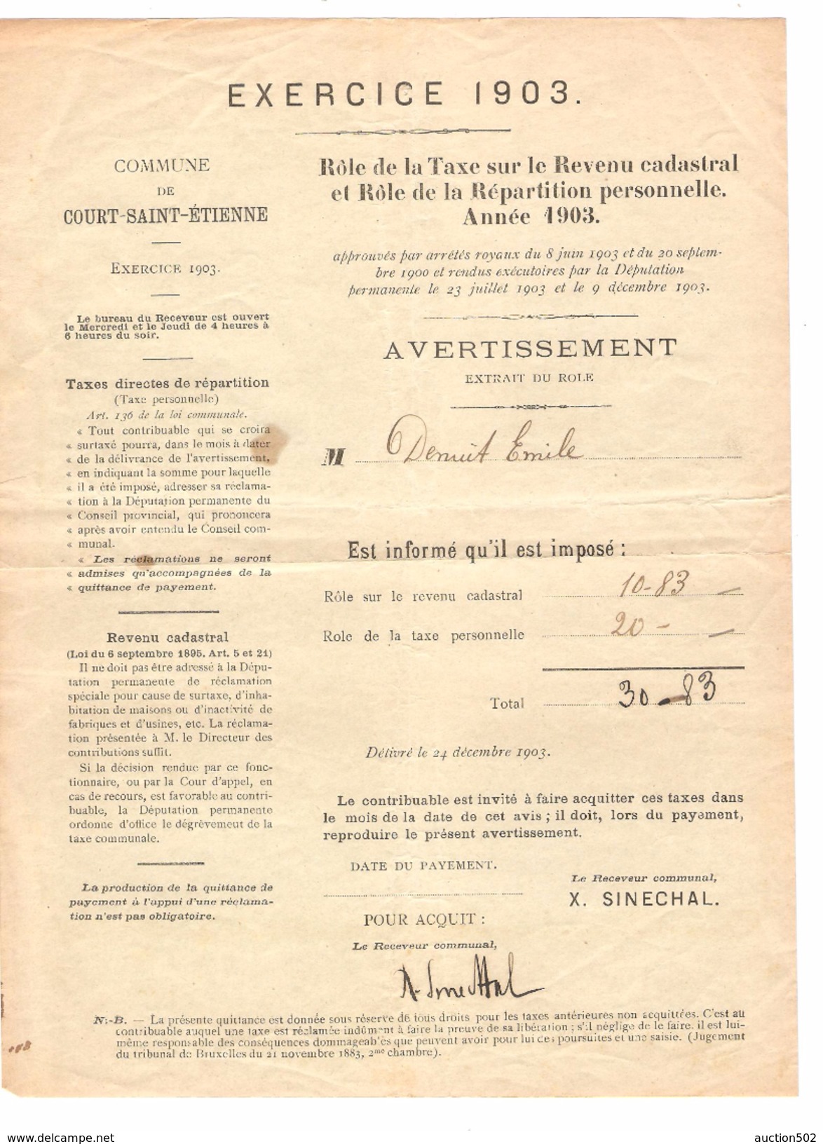 Avertissement Extrait Rôle De La Taxe Sur Le Revenu Cadastral Commune De Court-Saint-Etienne En 1903 PR4484 - 1900 – 1949