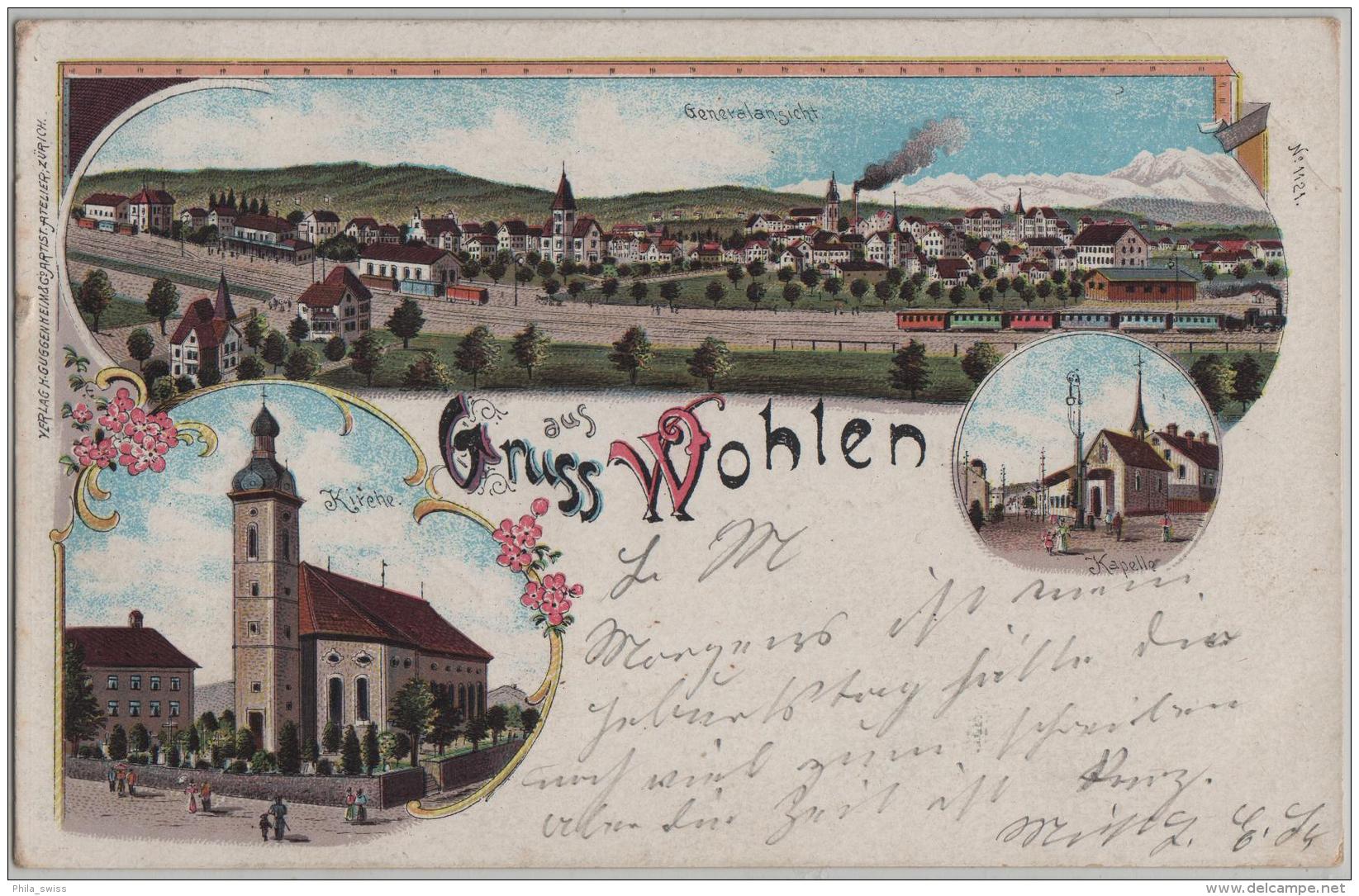 Gruss Aus Wohlen - Generalansicht, Bahnhof, Kirche, Kapelle - Litho H. Guggenheim No. 1121 - Wohlen