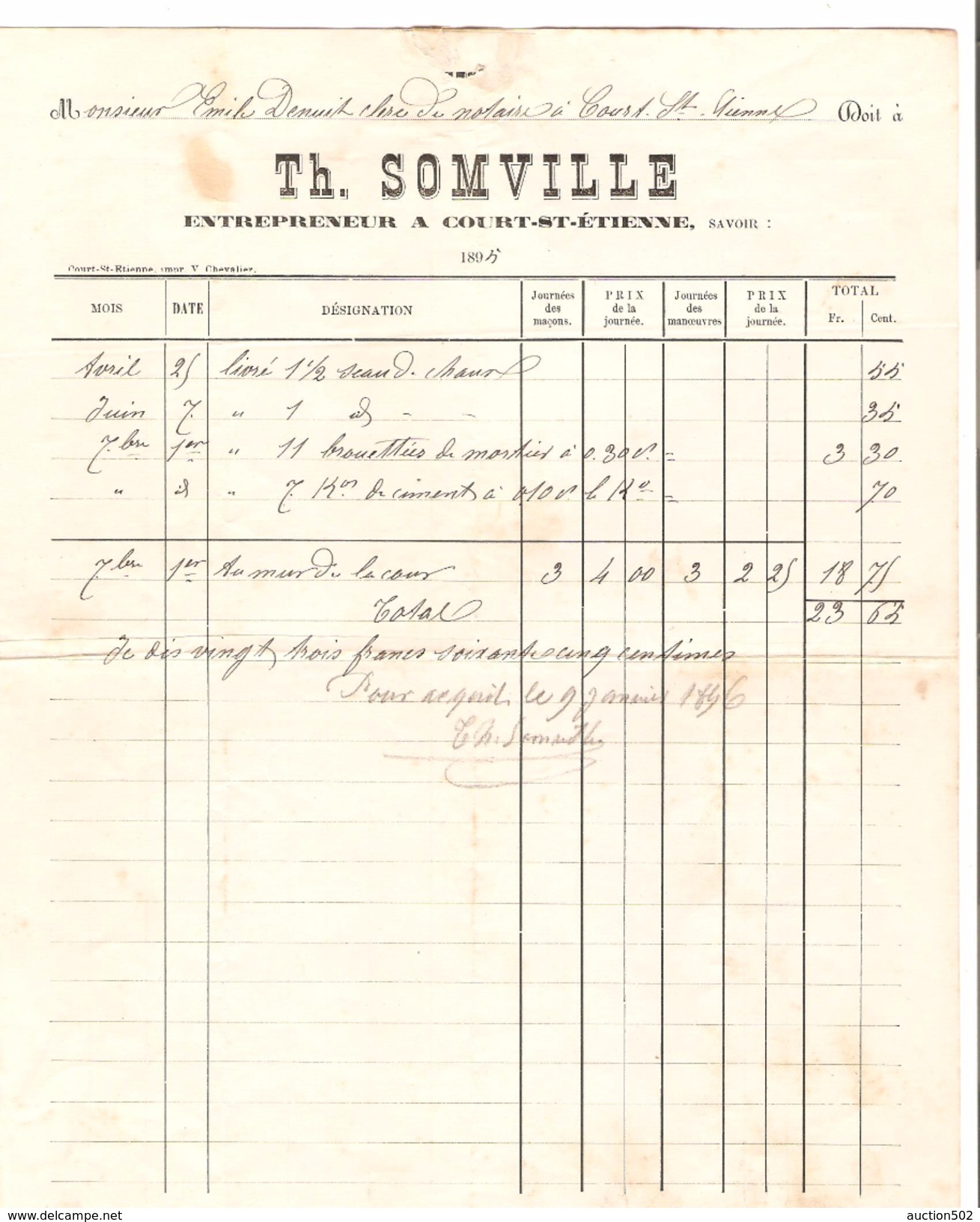 Facture Th. Somville à Court-Saint- Etienne Entrepreneur En 1895 PR4487 - 1800 – 1899