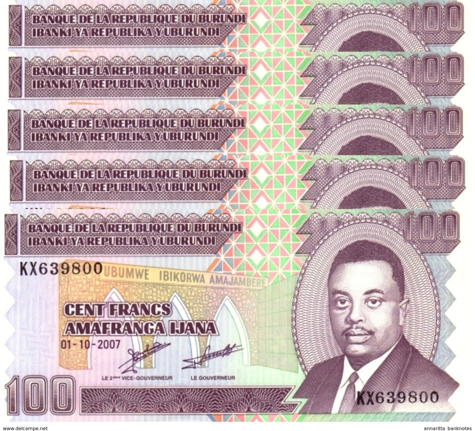 BURUNDI 100 FRANCS 2007 P-37f UNC 5 PCS [BI223f] - Burundi