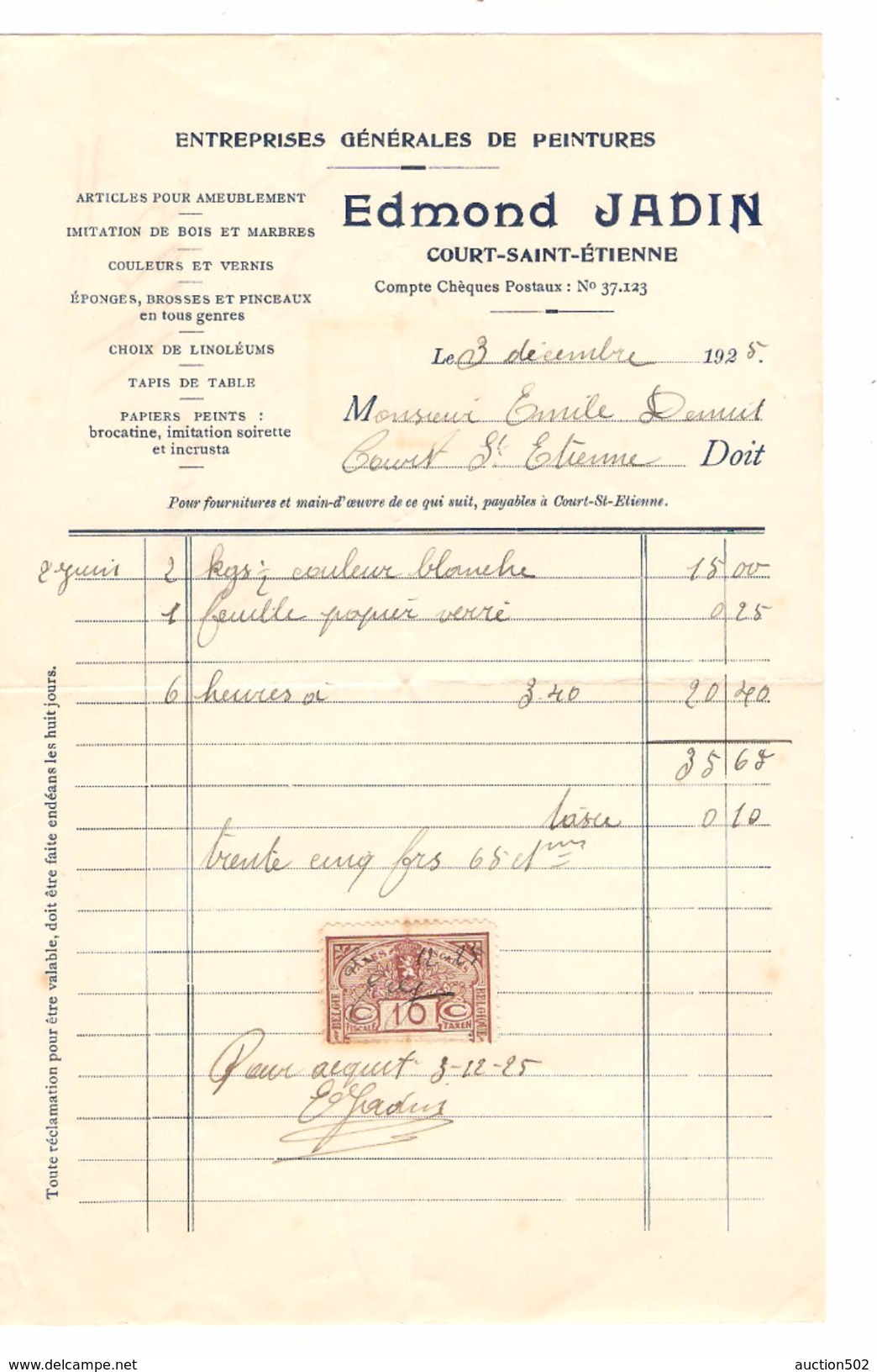 Facture Edmond Jadin Court-Saint-Etienne En 1925 TP Fiscal 10 C PR4488 - Documentos