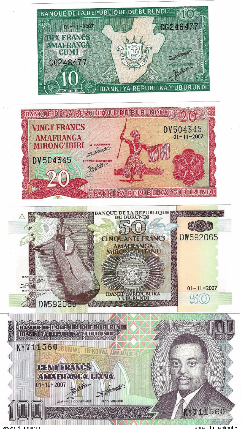 Burundi (BRB) 10 20 50 100 Francs 2007 UNC Cat No P-33,27,36,37 / BI214l, BI215n, BI222g, BI223f - Burundi