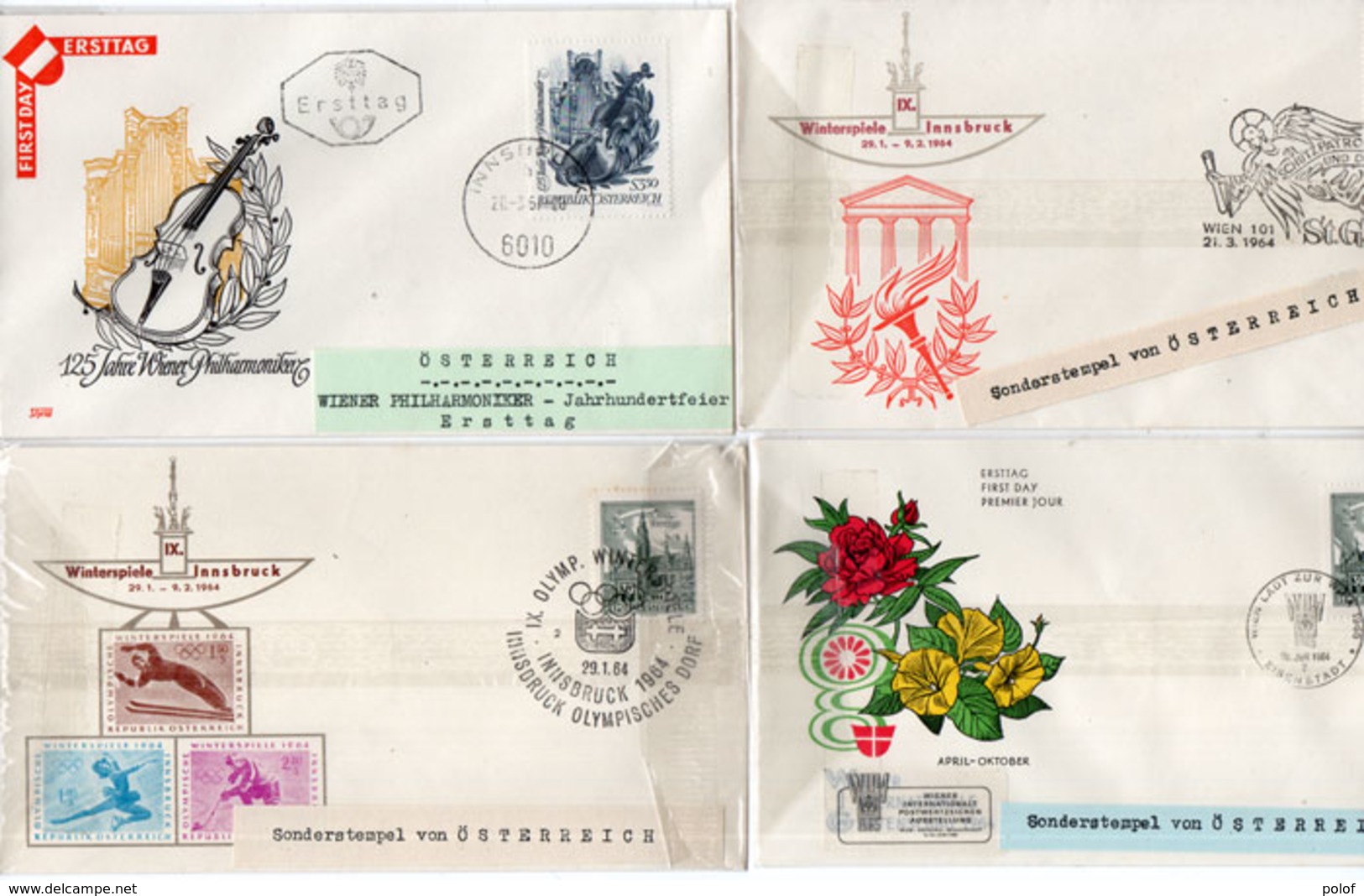 4 Enveloppes -  Sonderstempel  (3) - 1° Jour- Fleurs - Jeux Olympiques Insbruavec - Violon ...    (96338) - Covers & Documents