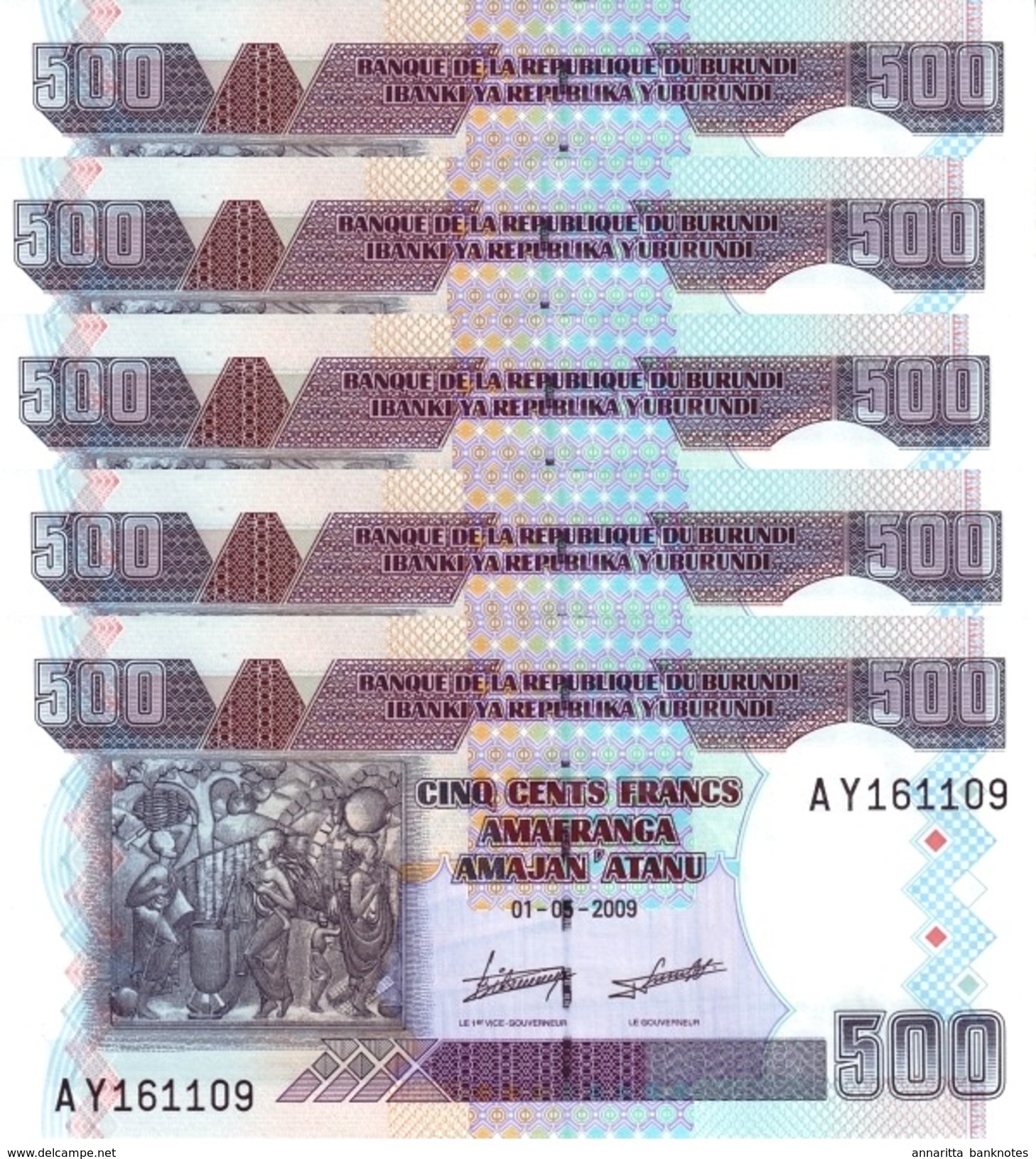 Burundi (BRB) 500 Francs 2009 UNC 5 Pcs Cat No. P-45a / BI232a - Burundi