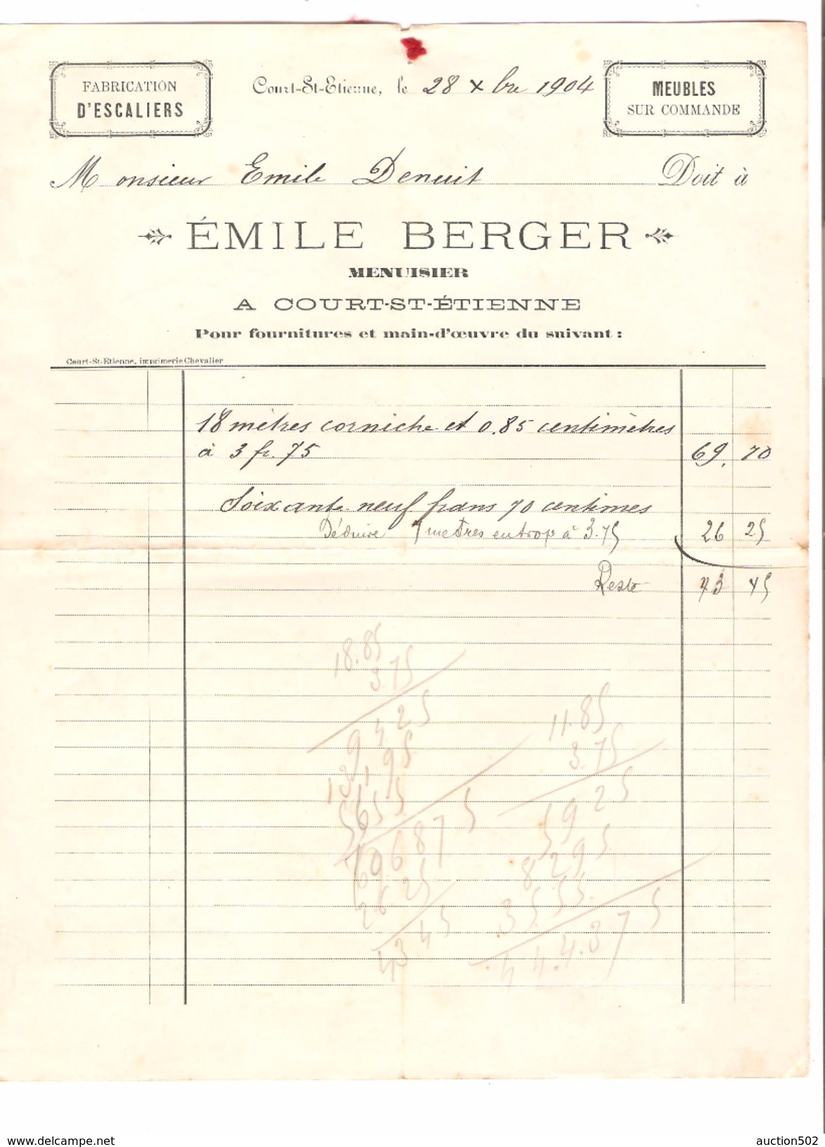 Facture Emile Berger à Court-Saint- Etienne Fabrication D'Escaliers En 1904 PR4492 - 1900 – 1949