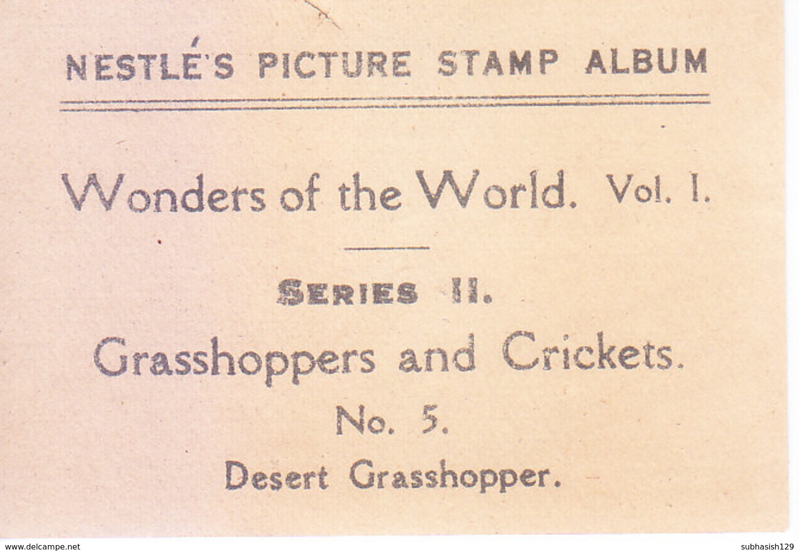 SWITZERLAND - NESTLE 'S PICTURE STAMP / CARD / LABEL - GRASSHOPPERS AND CRICKETS - Advertising