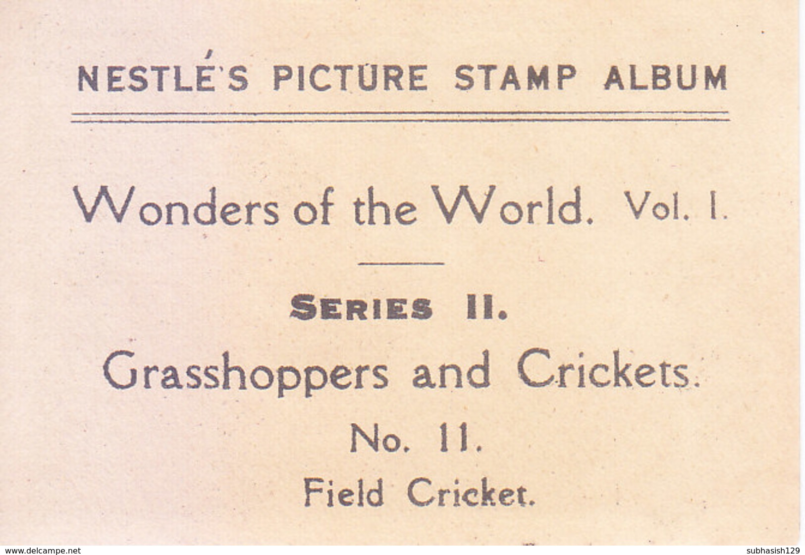 SWITZERLAND - NESTLE 'S PICTURE STAMP / CARD / LABEL - GRASSHOPPERS AND CRICKETS - Publicitaires