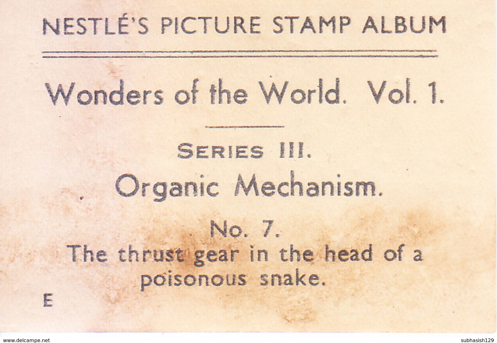 SWITZERLAND - NESTLE 'S PICTURE STAMP / CARD / LABEL - ORGANIC MECHANISM - Advertising