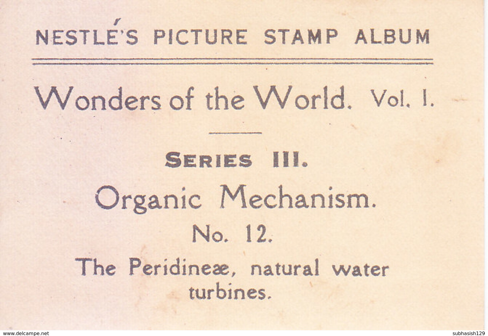 SWITZERLAND - NESTLE 'S PICTURE STAMP / CARD / LABEL - ORGANIC MECHANISM - Advertising