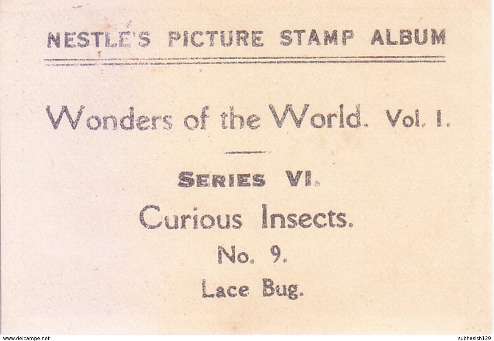 SWITZERLAND - NESTLE 'S PICTURE STAMP / CARD / LABEL - CURIOUS INSECTS - Advertising