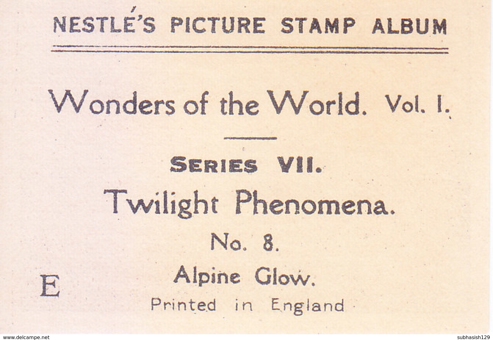 SWITZERLAND - NESTLE 'S PICTURE STAMP / CARD / LABEL - TWILIGHT PHENOMENA - Advertising