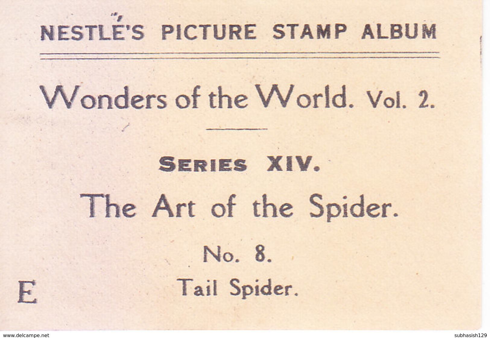 SWITZERLAND - NESTLE 'S PICTURE STAMP / CARD / LABEL - THE ART OF SPIDER - Publicidad