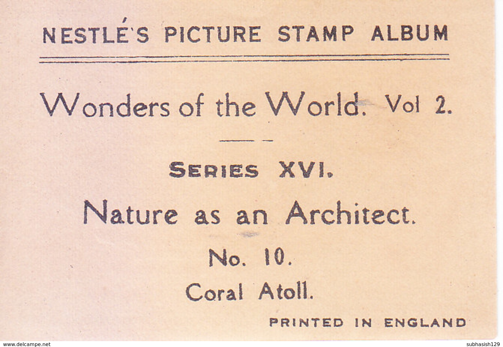 SWITZERLAND - NESTLE 'S PICTURE STAMP / CARD / LABEL - NATURE AS AN ARCHITECT - Publicitaires