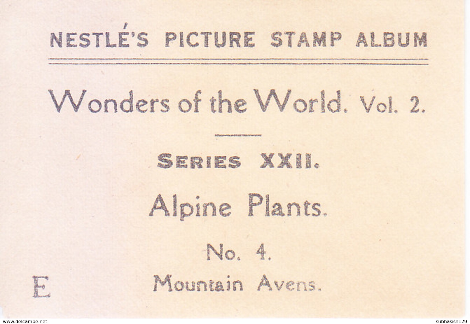 SWITZERLAND - NESTLE 'S PICTURE STAMP / CARD / LABEL - ALPINE PLANTS - Advertising