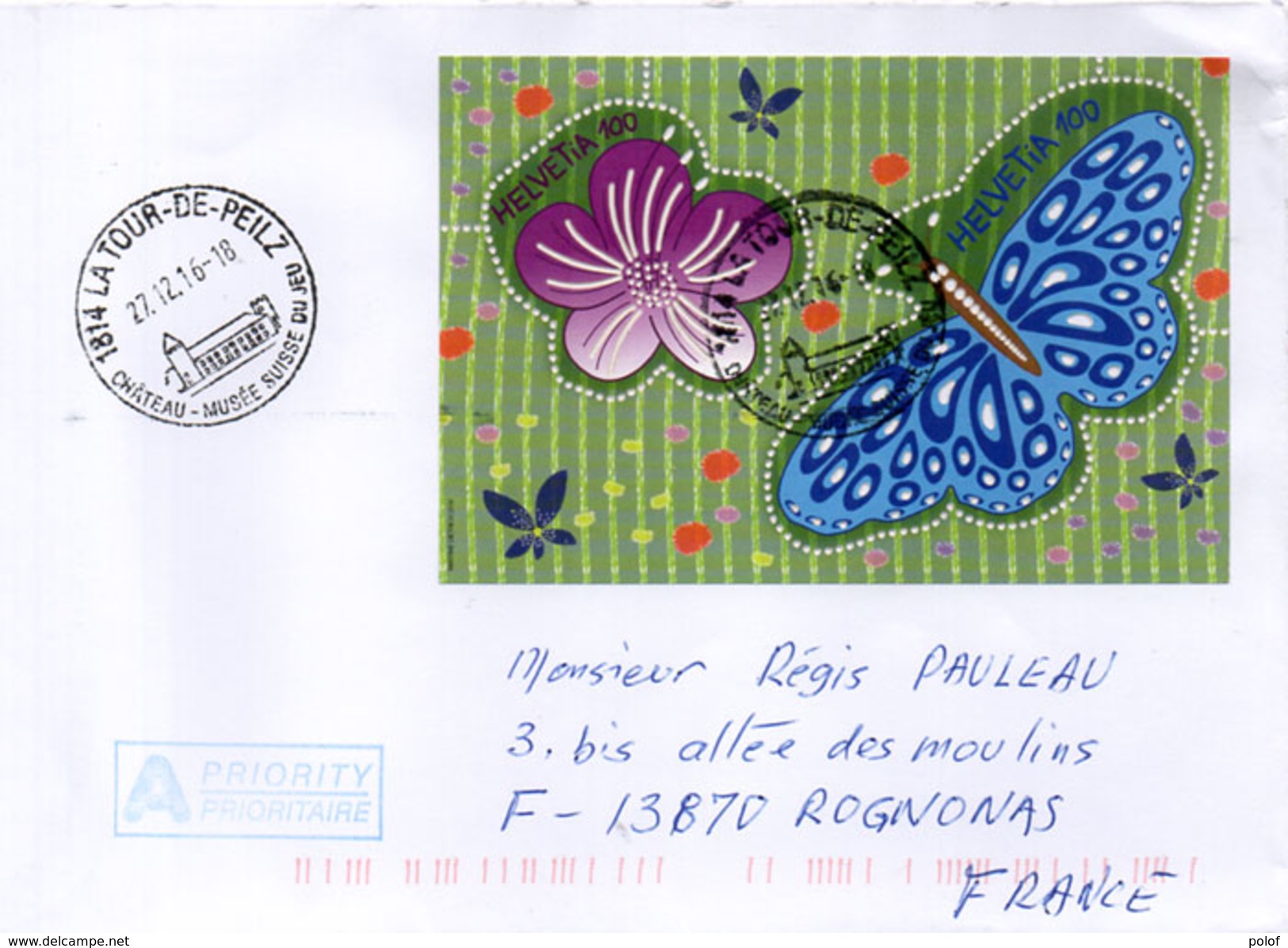 Enveloppe Adressée De LA TOUR DE PEILZ (Suisse) A ROGNONAS (BDRh) Cachet Sur Bloc Feuillet Fleur Et Papillon  (96344) - Briefe U. Dokumente