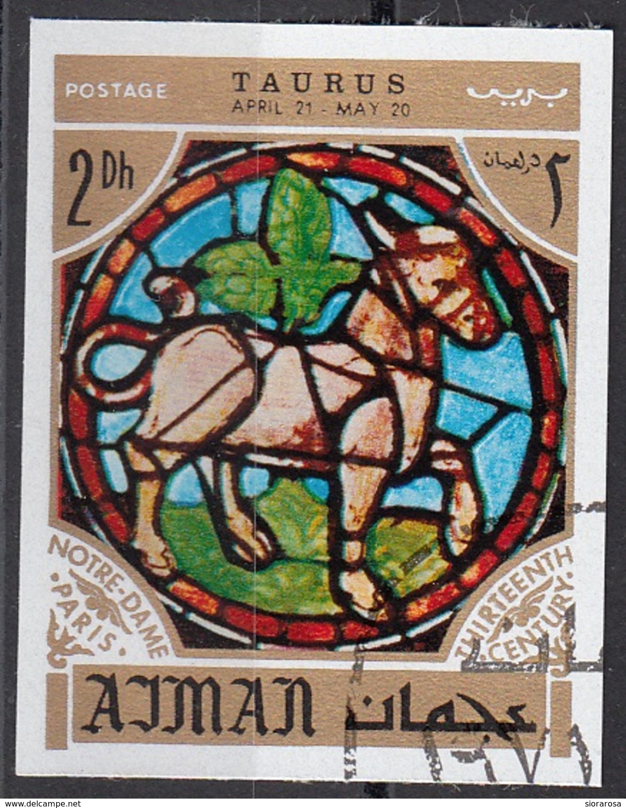 770 Ajman 1971 Segni Zodiaco Toro Taurus - Stainled Glass Window Vetrata Notre Dame Imperf. Zodiac - Astrologia