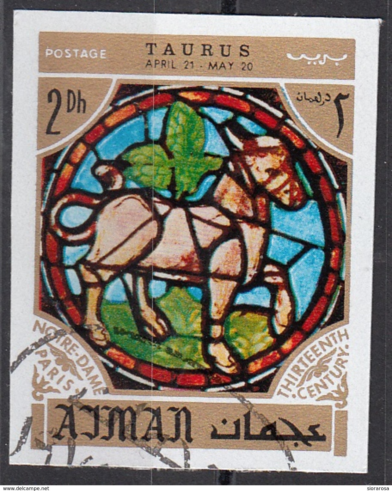 770 Ajman 1971 Segni Zodiaco Toro Taurus - Stainled Glass Window Vetrata Notre Dame Imperf. Zodiac - Vetri & Vetrate