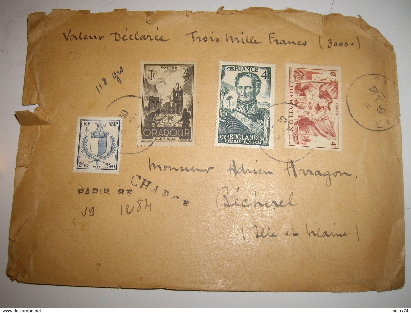 FRANCE  Lettre Cover 1945 Valeur Déclarée - Other & Unclassified