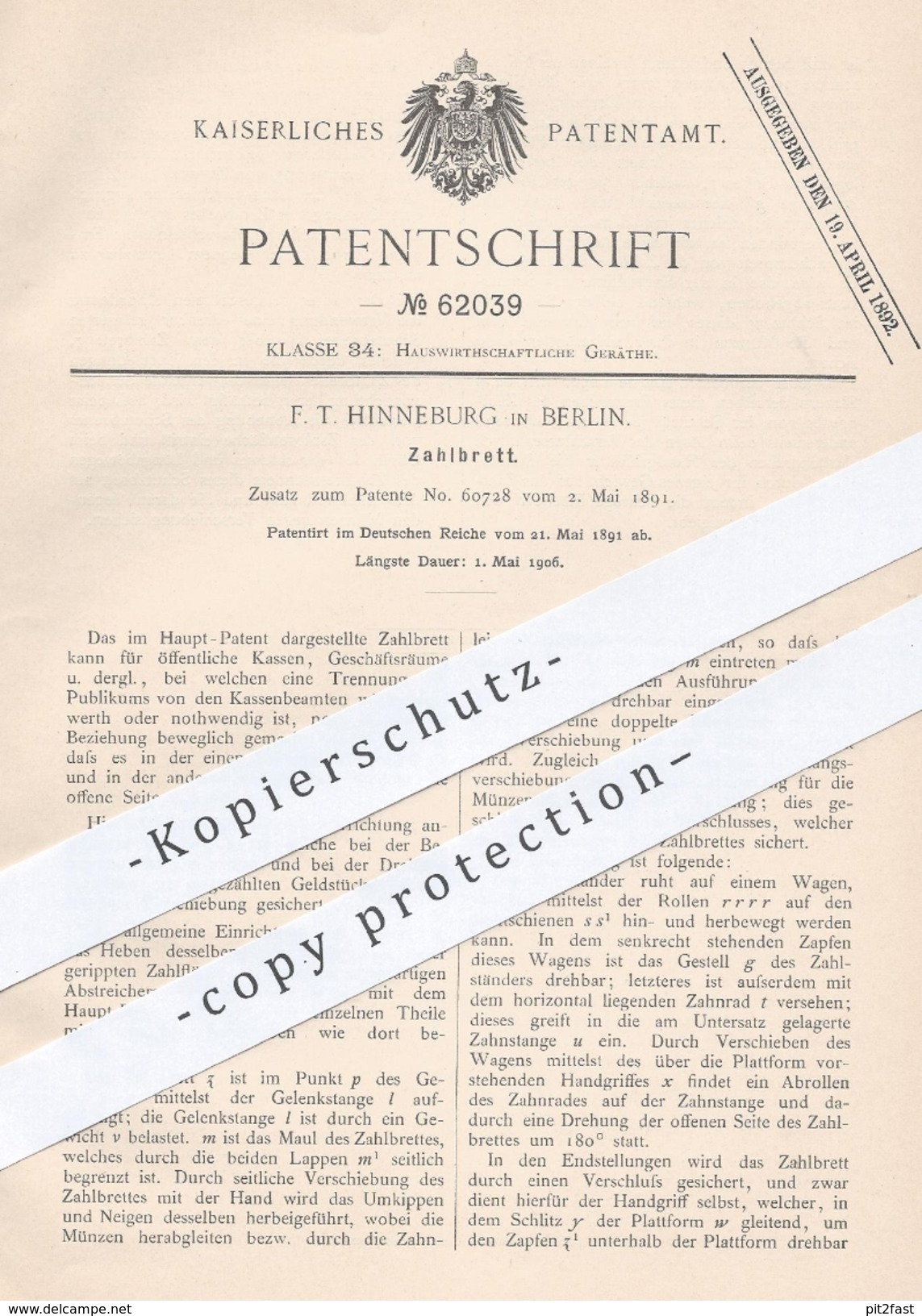 Original Patent - F. T. Hinneburg In Berlin , 1891 , Zahlbrett | Kasse , Kassen , Sparkasse , Bank , Geld , Münzen !!! - Historical Documents