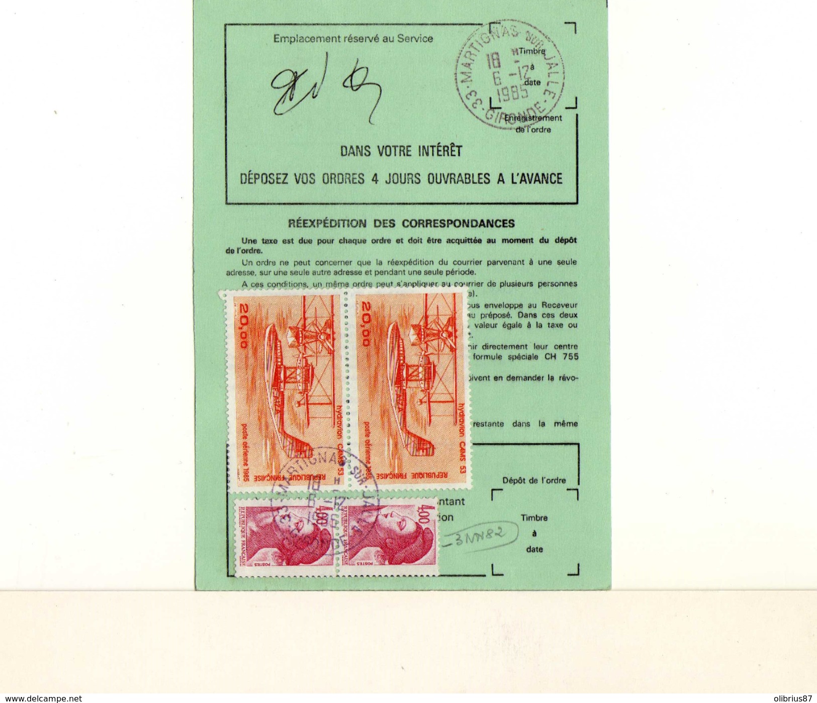 Poste Aérienne Sur Ordre De Réexpédition Martignas Sur Jalles Pour Taverny. Timbres Hydravion CAMS 53 + Liberté Gandon - Documenten Van De Post