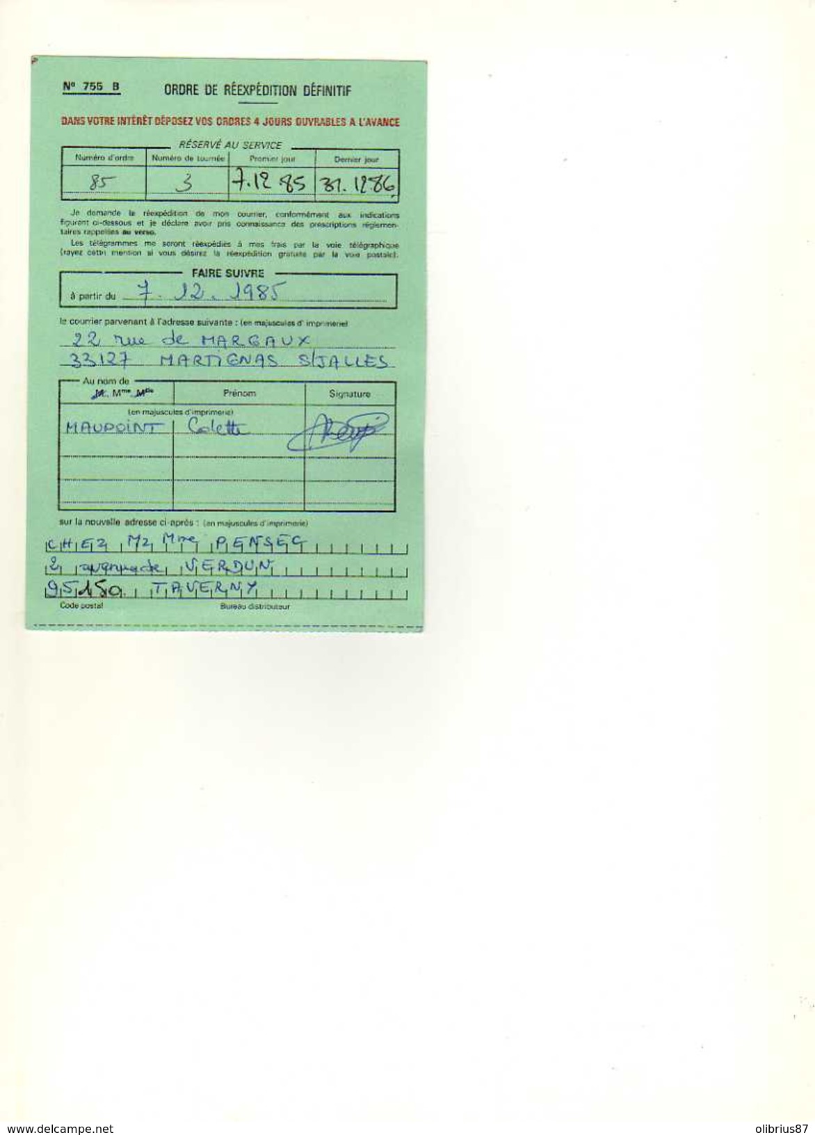 Poste Aérienne Sur Ordre De Réexpédition Martignas Sur Jalles Pour Taverny. Timbres Hydravion CAMS 53 + Liberté Gandon - Documents Of Postal Services